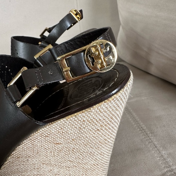 Tory Burch brown leather espadrille 5 inch wedge heel with 1 in front platform